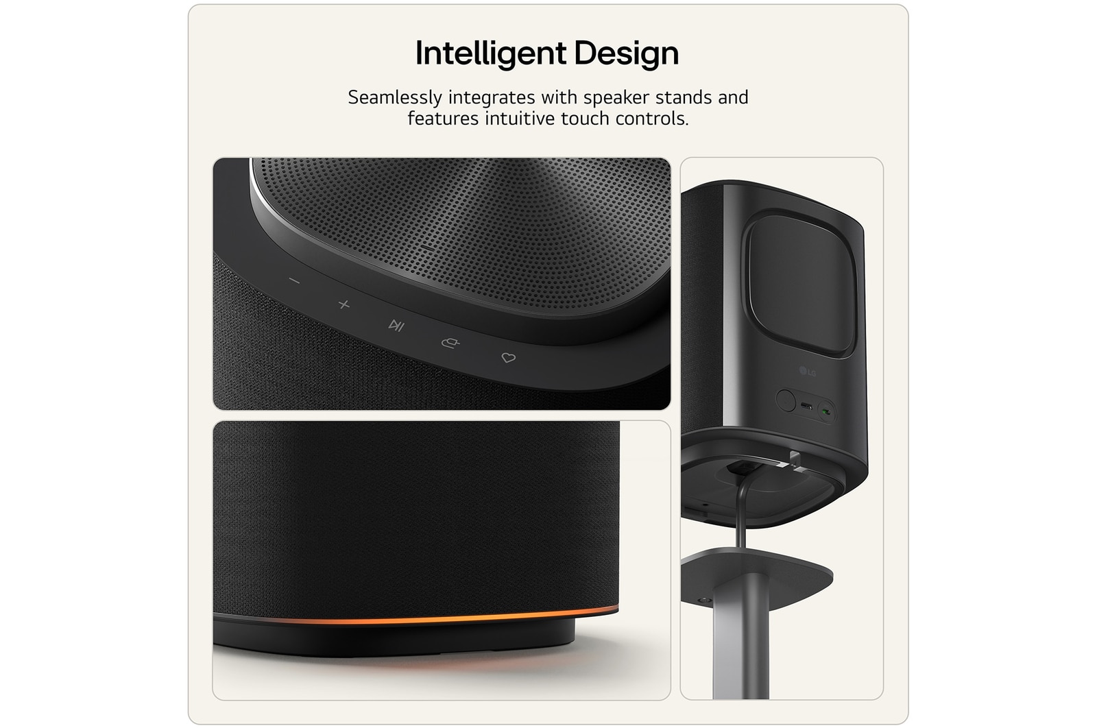 LG Stereo 5 wireless speaker showing integrated touch controls, premium fabric grille design, and seamless compatibility with a speaker stand.